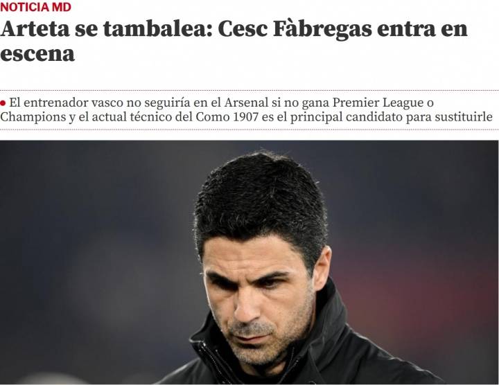 不夺冠就下课?曝阿尔特塔再被逆转将遭解雇,法布雷加斯有望接班